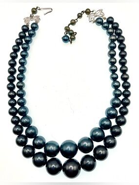 Vintage Japan Double Strand Gray Faux Pearl Necklace Graduated Beads MCM